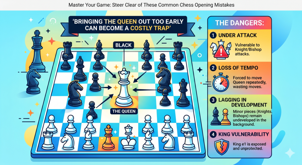 The queen is the strongest piece, so many beginners want to use it right away. It feels exciting to move the queen early and look for a quick checkmate. Sometimes this works against another beginner. But against a careful player, it can turn into a problem.
