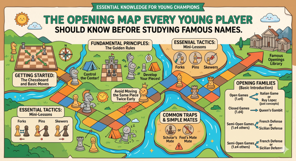 Before we dive into legendary openings, we need one simple map. This map will help your child understand nearly every opening in this article. Without this map, famous openings may sound like fancy names. With this map, they start to make sense.