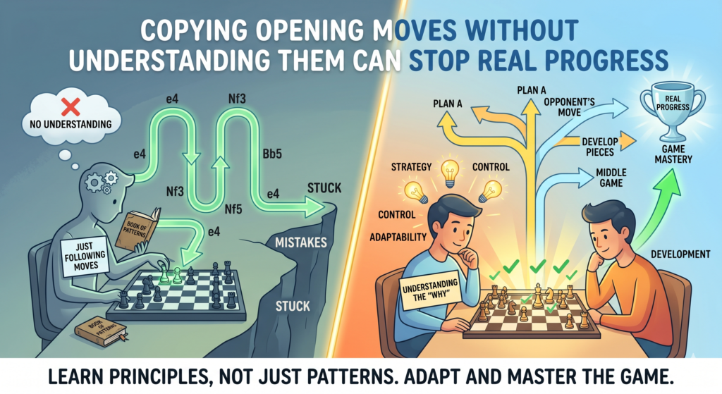 Many students watch videos or memorize opening lines. That can help sometimes. But it can also create a problem. A child may know the first five moves of an opening, but not know what to do when the opponent plays something different.