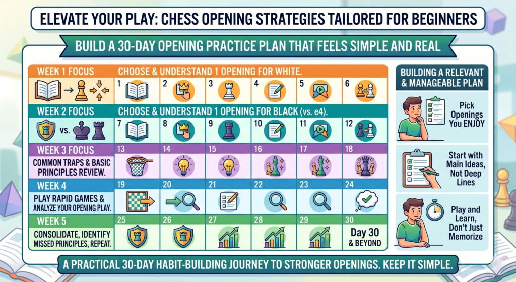 A beginner does not need to study openings for hours every day. In fact, too much study can make chess feel heavy. The goal is steady practice. A small amount of smart work each day can build strong habits much faster than random long sessions.