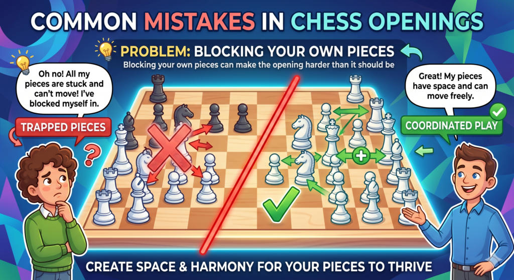Sometimes players lose space not because the opponent played well, but because they blocked themselves. They move a pawn that traps a bishop. They place a knight where it blocks another piece. They close the center before their bishops have good lines.