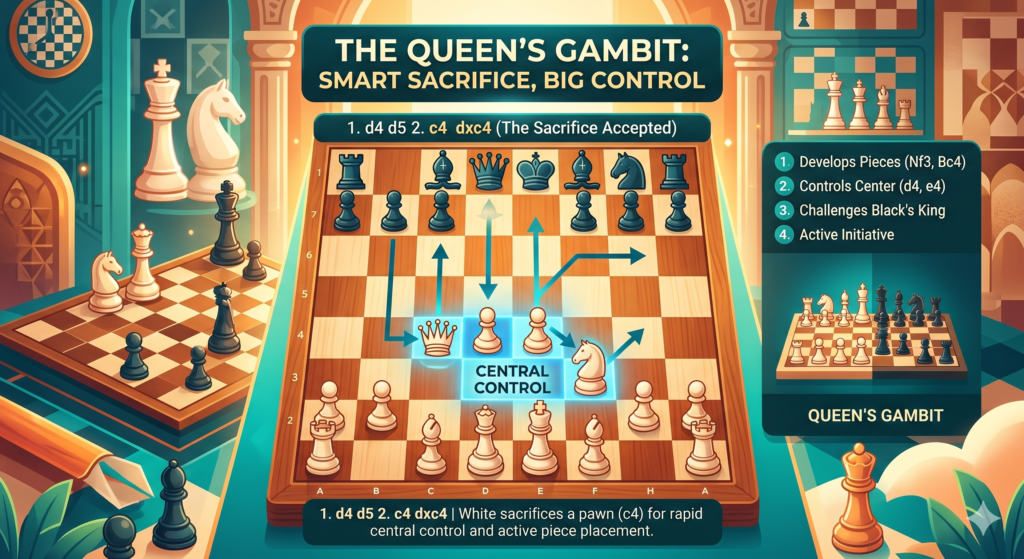 The Queen’s Gambit is one of the most loved openings in chess. It usually begins with 1.d4 d5 2.c4. White offers the c-pawn, and this is why the word “gambit” is used. A gambit means one player offers material, often a pawn, to get something else in return.