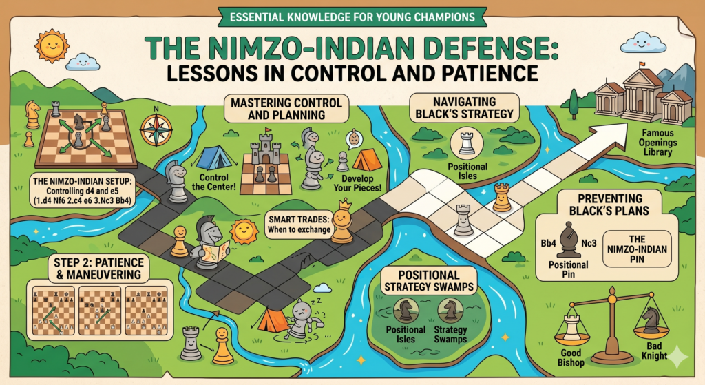 The Nimzo-Indian Defense is one of the most respected openings against 1.d4. It often begins with 1.d4 Nf6 2.c4 e6 3.Nc3 Bb4. Black develops quickly and pins the knight on c3. This means the knight cannot move freely because it is connected to White’s king.