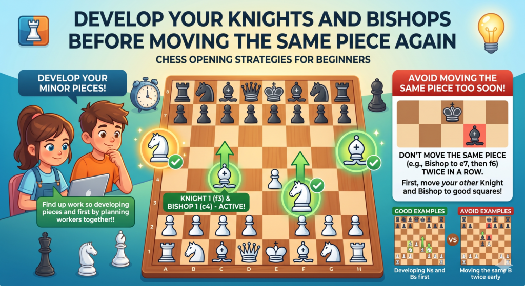 Development means bringing your pieces into the game. Your knights and bishops are not useful when they stay at home. They need open roads and active squares. In the opening, your job is to bring them out quickly and safely.