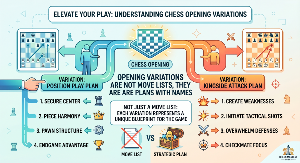 A chess opening variation is a path inside an opening. Think of the opening as a road, and the variation as the lane you choose. For example, the Italian Game is one opening. But inside it, White and Black can choose many different plans.