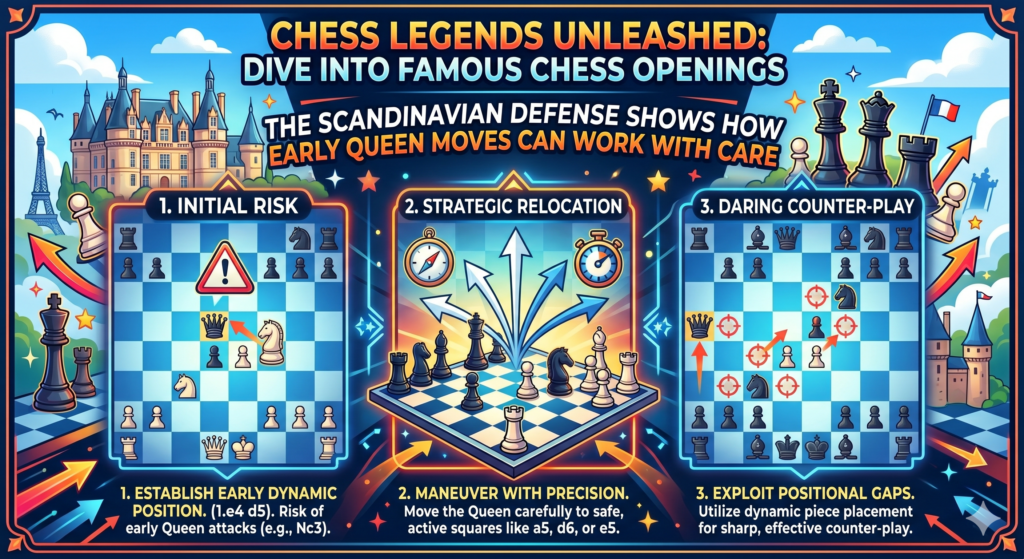 The Scandinavian Defense begins with 1.e4 d5. Black attacks White’s center right away. If White captures with exd5, Black often recaptures with the queen. This means the queen comes out early, which is usually something beginners are told to avoid.