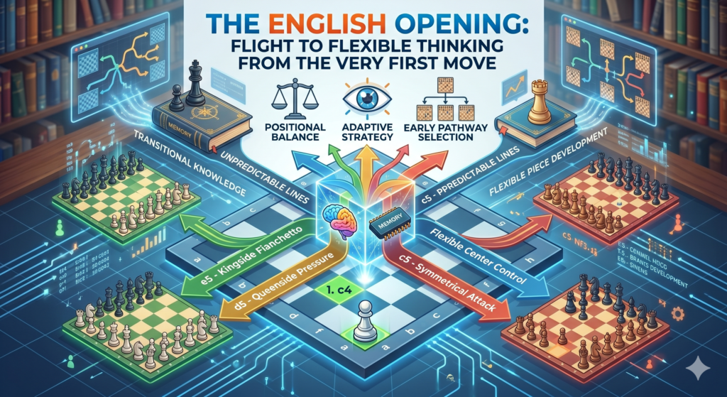 The English Opening begins with 1.c4. Instead of pushing the king pawn or queen pawn two squares, White starts from the side. This move attacks the d5 square and prepares a slower, more flexible battle.