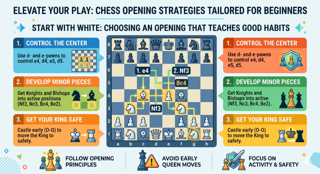 When you play White, you move first. That is a small but real gift. You get the first chance to place a pawn in the center, open a path for your pieces, and set the tone of the game. But this gift can be wasted if you only look for quick tricks. A beginner should use the first move to build a strong base.