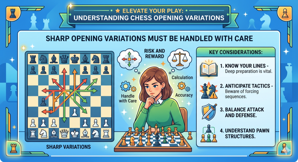 Some opening variations are sharp. This means one mistake can change the game quickly. Sharp lines can be exciting, but they need clear thinking. Both players may attack. Pieces may be offered. The king may stay in the center for a little while. The board can feel wild.