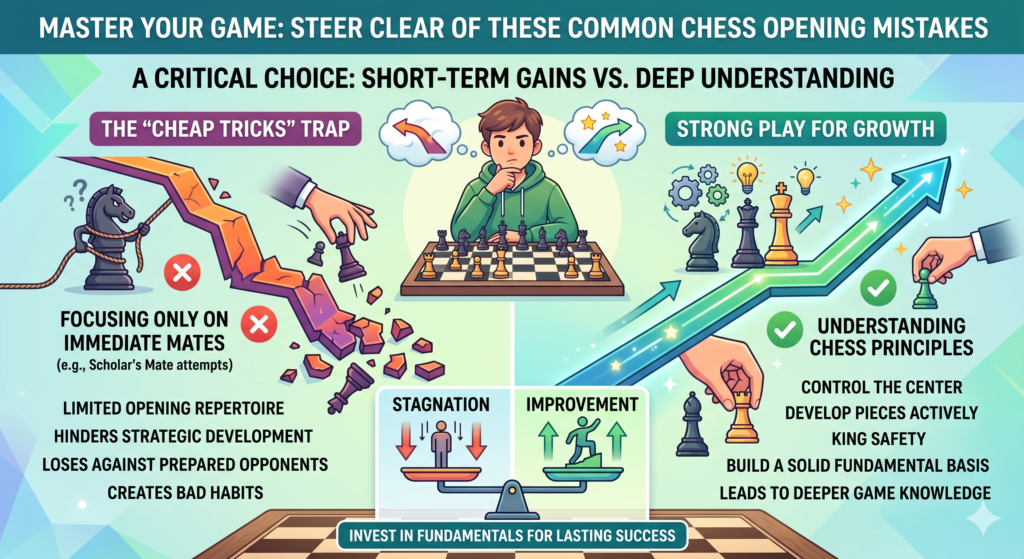 Quick traps can feel fun. A player wins a queen in five moves, gives a fast checkmate, or scares the other side with an early attack. It feels like smart chess. But if a player depends only on tricks, their growth can slow down.