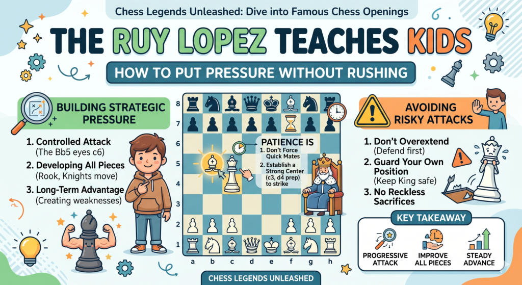 The Ruy Lopez is one of the most famous chess openings in the world. It often starts with 1.e4 e5 2.Nf3 Nc6 3.Bb5. At first, this bishop move may look a little strange to a new player. White is not giving check. White is not winning a piece right away. So why move the bishop to b5?
