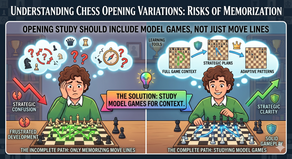 A model game is a full game that shows the main ideas of an opening. It is one of the best ways to learn a variation because students see what happens after the opening ends. They see the middle game plan. They see how the attack grows. They see how the endgame may look.