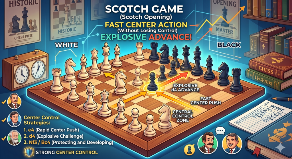 The Scotch Game is a lively opening that begins with 1.e4 e5 2.Nf3 Nc6 3.d4. White does not wait too long. White attacks the center right away and asks Black to make a clear choice. This opening is direct, open, and easy to understand for young players who like active games.