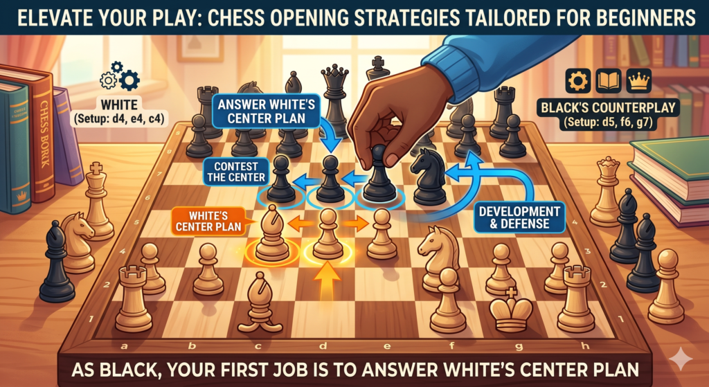 Playing Black can feel harder for beginners because White moves first. But Black is not just waiting. Black gets a chance to challenge White’s plan and build a strong position too. The key is to avoid passive moves. You should not let White take the whole center for free.