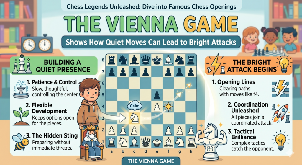The Vienna Game often begins with 1.e4 e5 2.Nc3. Instead of playing Nf3 right away, White develops the queen’s knight first. This keeps more choices open. White may later play f4, Bc4, g3, or Nf3, depending on the game.