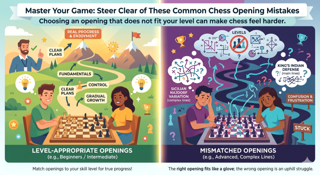 Some openings are full of sharp lines and tricky ideas. They may be great for advanced players, but too hard for a beginner. When a young player chooses an opening that is too complex, they may spend more time memorizing than understanding.