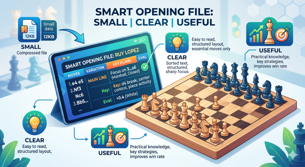 Some players think they need a huge opening file with many deep lines. For most students, that is not true. A smaller opening file, built well, is far more useful. It should show the main moves, the main plans, the common mistakes, and the type of middle game that may appear.