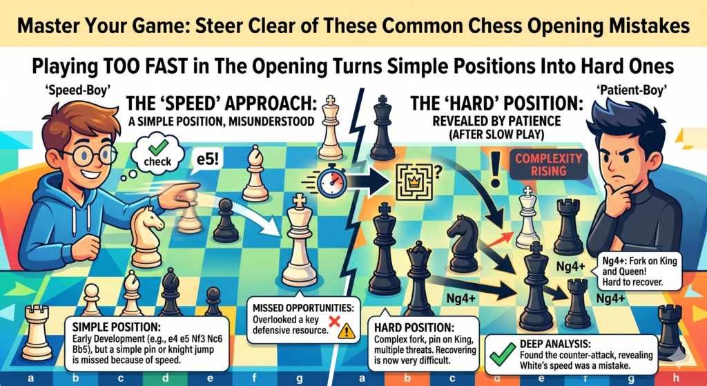 Many children move quickly in the opening because the first moves feel familiar. They think, “I know this part.” Then they make a move without checking the board. That is when easy mistakes happen.