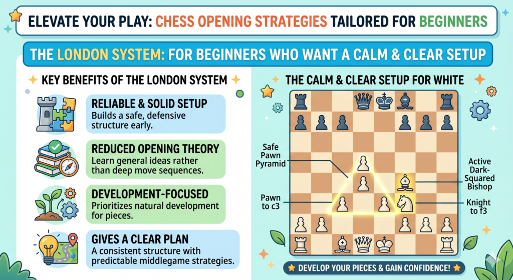 Not every beginner enjoys sharp positions right away. Some players want a setup that feels steady. They want to know where their pieces go without facing too many early tricks. For those students, the London System can be a helpful choice.