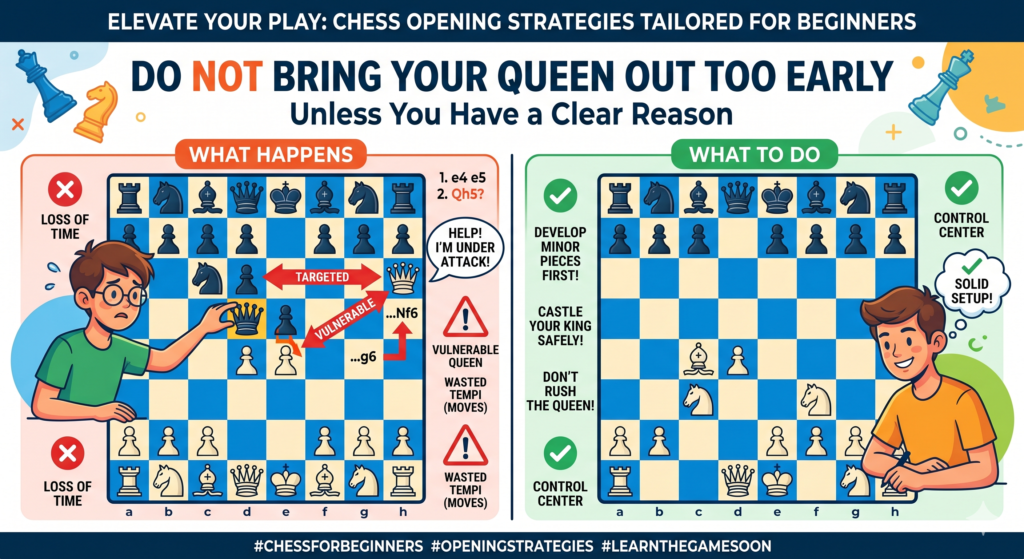 Many beginners love the queen. That makes sense. She is the strongest piece on the board. She can move far, attack many squares, and create quick threats. But because she is so strong, she can also become a target. If you bring her out too early, your opponent can attack her while developing pieces at the same time.
