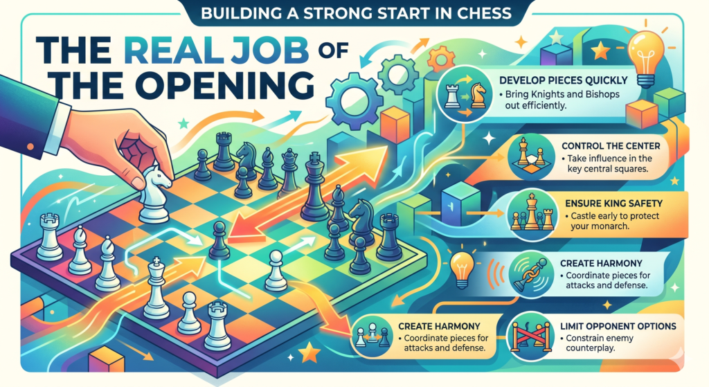 The opening is not about winning the game in five moves. Sometimes that happens, but strong players do not count on it. The real job of the opening is to build a safe, active, and clear position. Your pieces should come out. Your king should become safe. Your center should be watched. Your moves should work together.