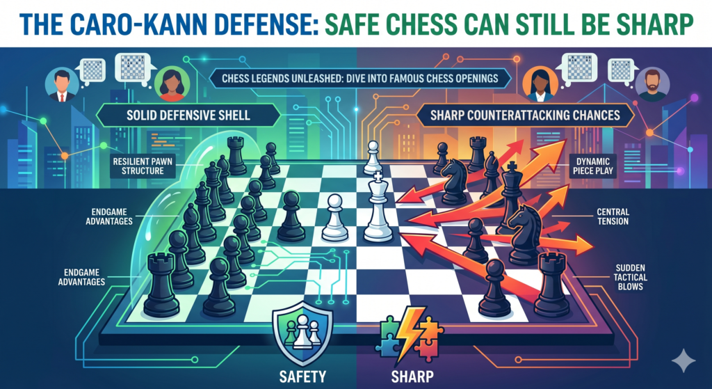 The Caro-Kann Defense begins with 1.e4 c6. Black plans to play d5 next and challenge White’s center. Like the French Defense, it is solid. But there is one big difference. In the Caro-Kann, Black usually keeps the light-square bishop freer.