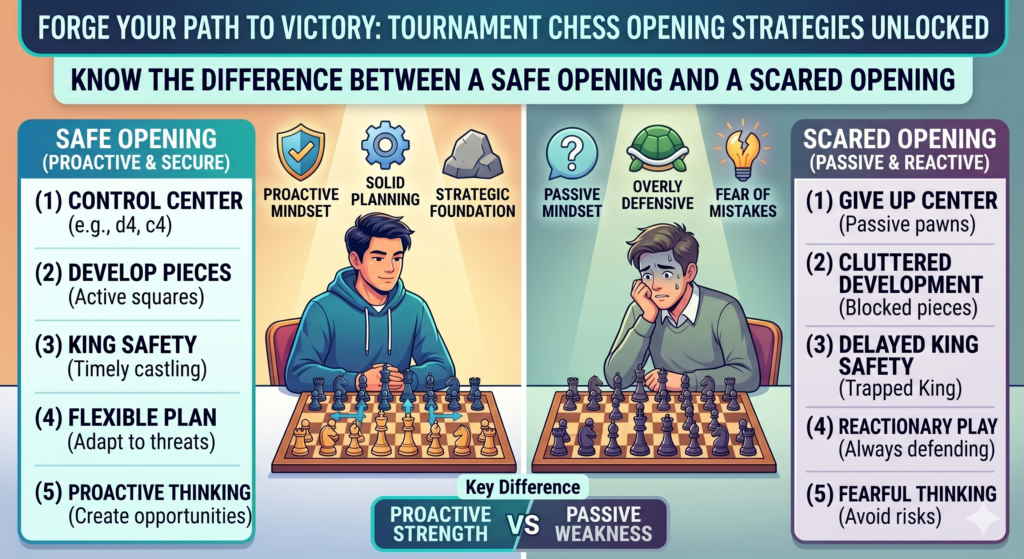 A safe opening is not the same as a scared opening. This is very important for tournament chess. A safe opening helps your child build a strong base. A scared opening gives up space, avoids the fight, and lets the opponent take charge.