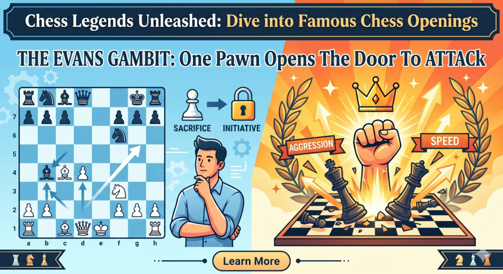 The Evans Gambit is a sharp and famous opening that comes from the Italian Game. It often begins with 1.e4 e5 2.Nf3 Nc6 3.Bc4 Bc5 4.b4. White offers the b-pawn to push Black’s bishop away and gain time.