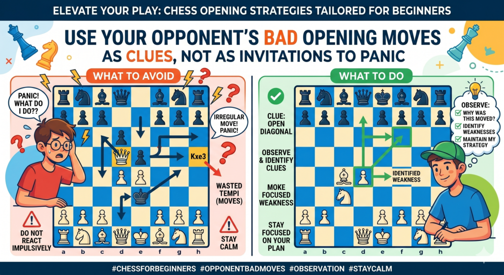 Beginners often react too strongly when the opponent plays a strange move. If the opponent brings the queen out early, they panic. If the opponent pushes a side pawn, they panic. If the opponent makes a threat, they panic. But strange moves are not always scary. Many of them are chances for you to build a stronger position.