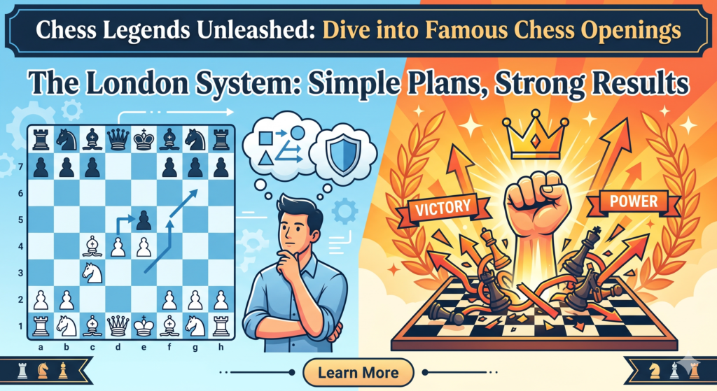 The London System is one of the easiest famous openings to understand, but that does not mean it is weak. It often starts with White playing d4, then bringing the bishop to f4, the knight to f3, the pawn to e3, and the other bishop to d3. White builds a calm setup and gets ready to play a smooth game.