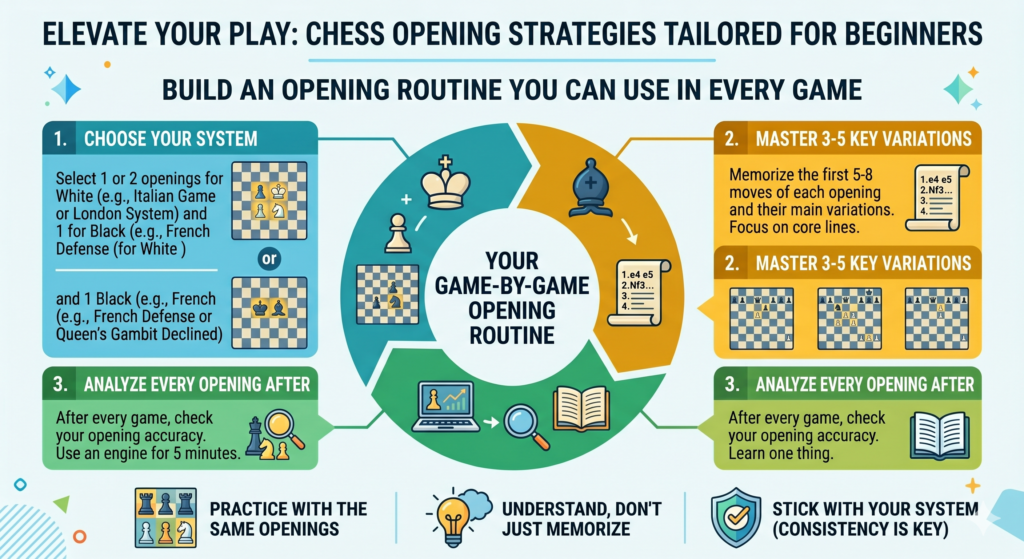 A routine makes chess less scary. Beginners often feel lost because every game looks different. One opponent plays e5. Another plays c5. Another brings the queen out. Another pushes random pawns. If you try to memorize an answer to everything, your mind gets tired fast.