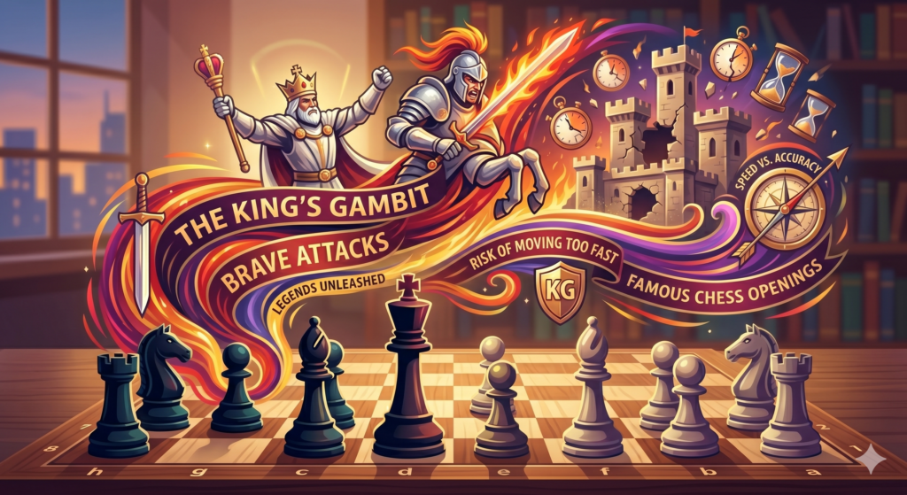 The King’s Gambit is one of the most exciting old openings in chess. It begins with 1.e4 e5 2.f4. White offers the f-pawn very early. The idea is to pull Black’s e-pawn away and open lines for a fast attack.