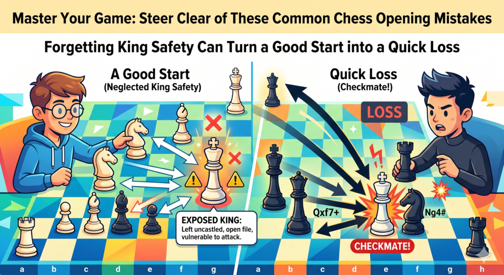 Many beginners focus only on attack. They want to check the king. They want to win the queen. They want to make something happen right away. But while they attack, they often leave their own king in the center.