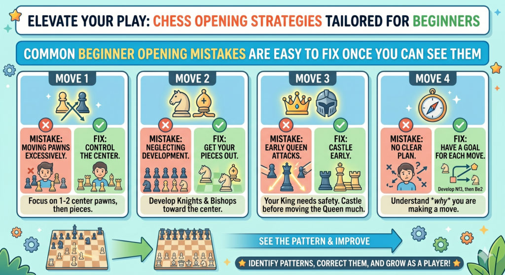 Every beginner makes opening mistakes. That is normal. In fact, mistakes are part of learning chess. The real problem is not making a mistake. The real problem is making the same mistake again and again without knowing why it hurts you.