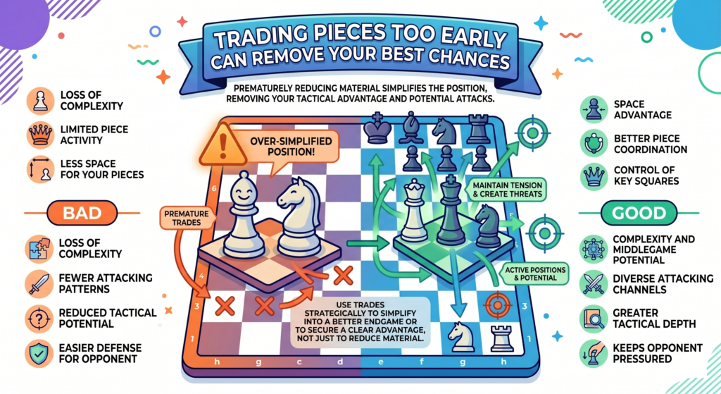Some players love to trade pieces as soon as possible. If a knight can take a bishop, they do it. If a bishop can take a knight, they do it. If queens can be exchanged, they rush into it. But in the opening, trades should have a reason.