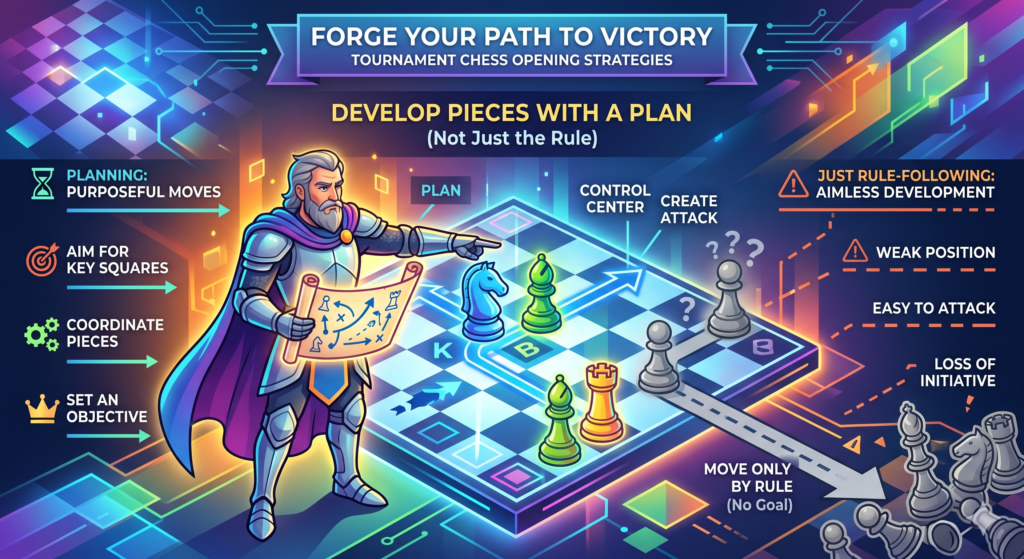 Development means bringing your pieces into the game. In the opening, your knights and bishops should usually come out early. Your queen and rooks often wait until the position is ready.