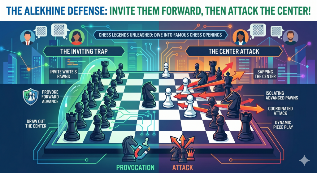 The Alekhine Defense begins with 1.e4 Nf6. Black attacks White’s pawn right away with a knight. White often pushes the pawn forward with e5, chasing the knight. Then Black moves the knight again.