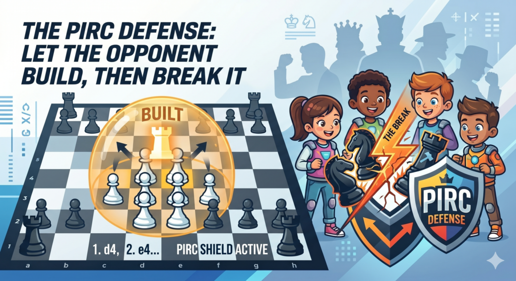 The Pirc Defense is a flexible opening for Black. It often begins with 1.e4 d6 2.d4 Nf6 3.Nc3 g6. Black does not fight for the center with pawns right away. Instead, Black allows White to build a large center, then prepares to challenge it later.