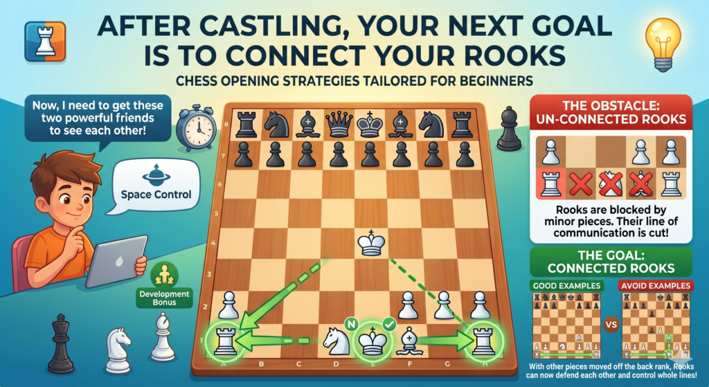 Once your king is safe, the opening is not over yet. Many beginners castle and then relax too much. They think, “Good, my king is safe now,” and then they start making random moves again. But castling is only one part of a strong start. After that, you want to finish bringing your army together.