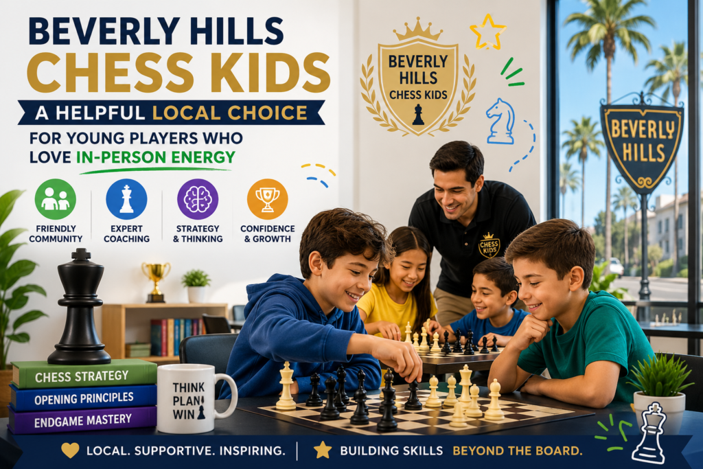 Beverly Hills Chess Kids is one of the most direct local names for families searching for chess lessons near The Flats. The program is linked with Vellotti’s Chess School and promotes chess classes, camps, tournaments, and online lessons for children in Beverly Hills.