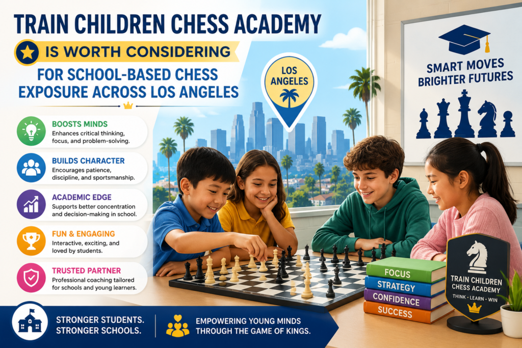 Train Children Chess Academy is a Los Angeles and Orange County chess program focused on bringing chess to schools. Its site says it has worked for over a decade teaching chess to thousands of children in many schools across Los Angeles and Orange County.