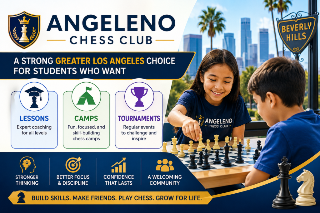 Angeleno Chess Club is another good option for families in and around Beverly Hills who want a more complete chess setting. It is not based inside The Flats, but it serves the wider Los Angeles chess community with group chess lessons, private chess lessons, school chess, camps, and rated or unrated tournaments.