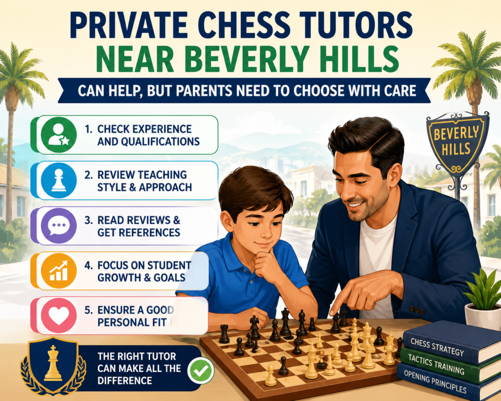 Private chess tutors are easy to find near Beverly Hills. Platforms like Wyzant show many chess tutors around Beverly Hills and Los Angeles, including coaches who teach online, in home, and across different skill levels. Some listings mention long playing experience, after-school teaching, and work with children.