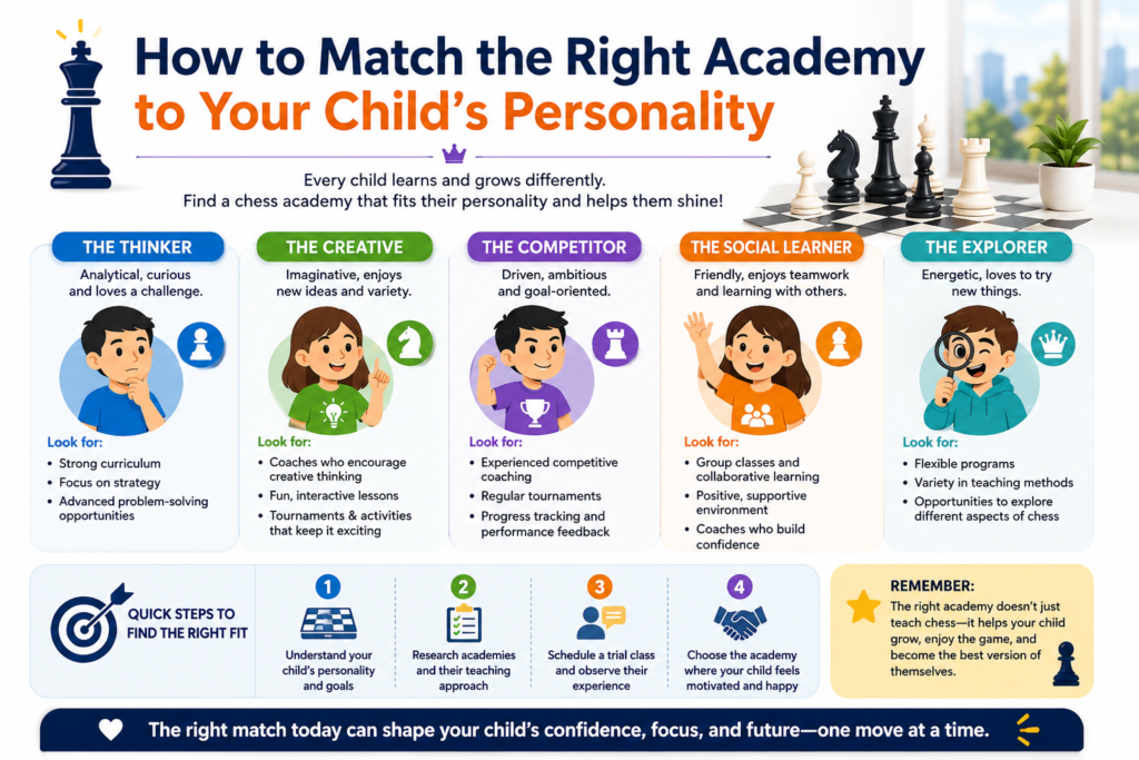 Every child learns in a different way. Some children are bold. They love to attack. They want to play fast and win quickly. Some children are careful. They think for a long time and worry about mistakes. Some children are social and love group classes. Others learn best in a quiet setting with more personal attention.