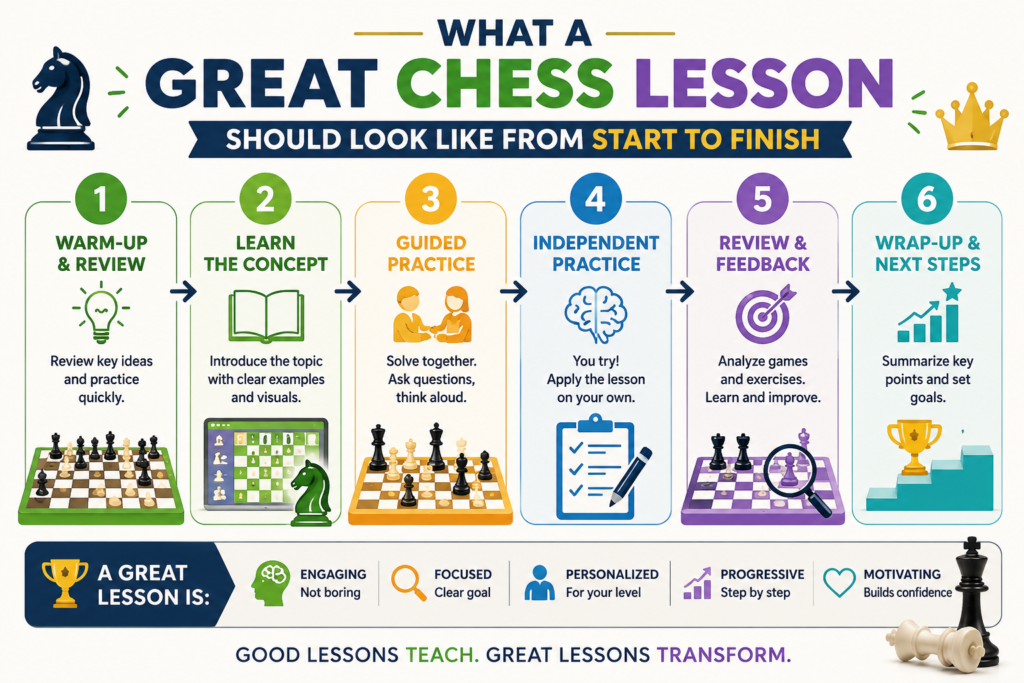 A great chess lesson does not feel messy. It has a clear path. The child knows what they are learning, why it matters, and how to use it in a game. The coach does not jump from one idea to another without reason. Each part of the lesson builds on the last part.