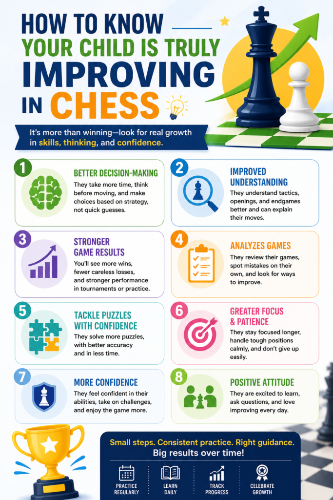 Many parents think improvement means winning more games. Winning is a good sign, but it is not the only sign. Sometimes a child is improving even before the results show up. They may still lose to stronger players, but they are losing better. They are thinking more clearly. They are making fewer simple mistakes.