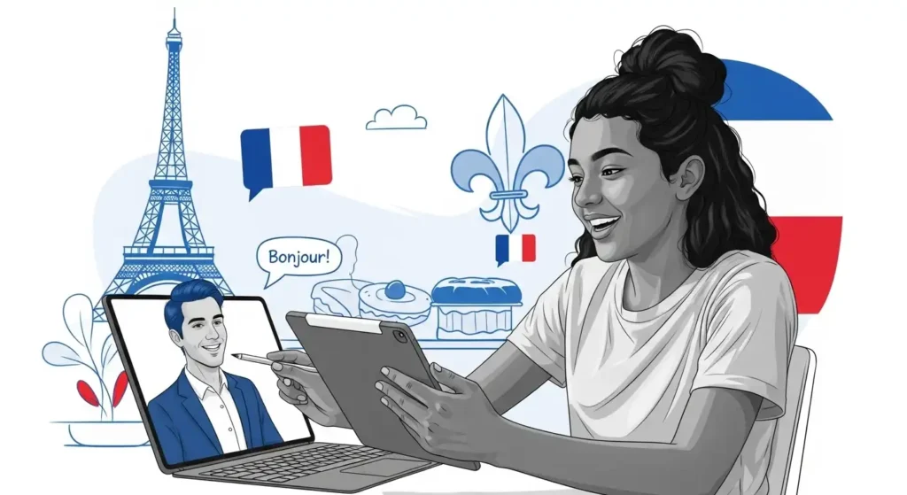 Online French training is simple. Your child learns French on a laptop or phone