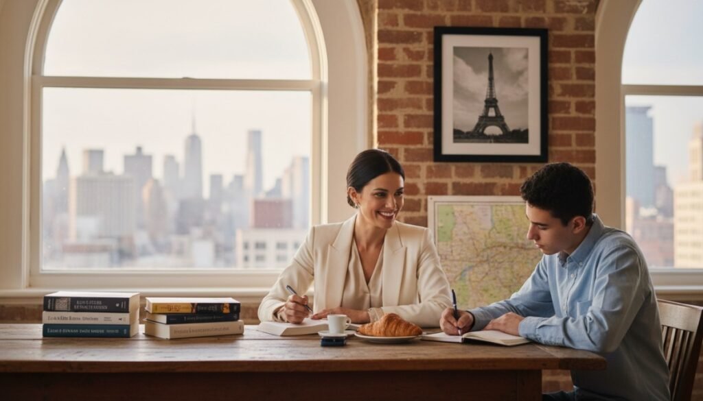You see the teacher smile. You sit with classmates. You hear voices in one room