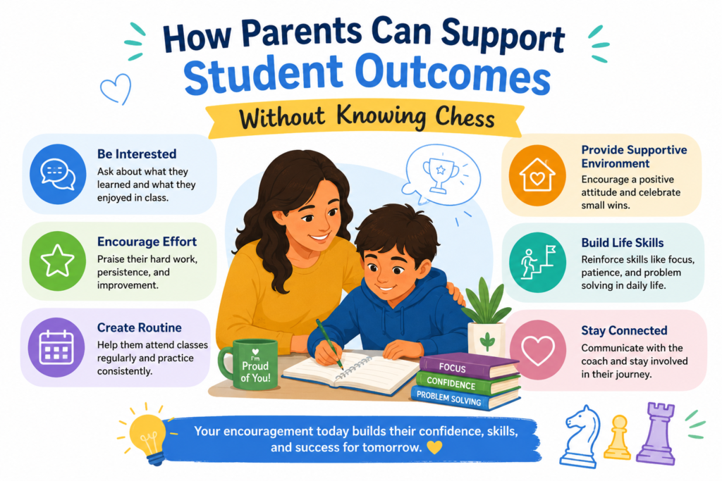 Many parents worry that they cannot help because they do not know chess. This is a common fear, but it is not true. Parents do not need to understand every move, opening, or tactic to support their child’s growth.