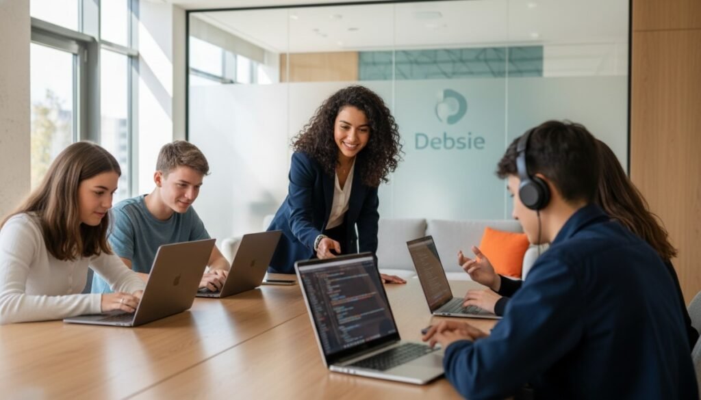 Debsie blends live expert teaching, a playful practice world, and a clear, belt-like path that builds real skills